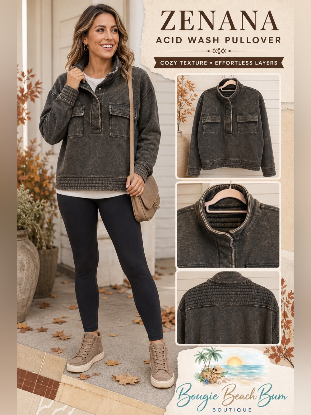 Zenana Outfitters Brown Acid Wash Pullover Jacket